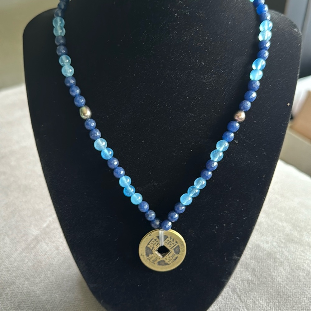 Gorgeous 16” Chinese coin necklace beaded with blue lápiz, freshwater pearls.